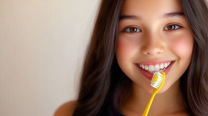 Young girl smiling with toothbrush in dental hygiene concept