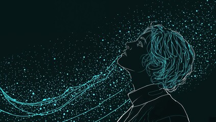 Abstract neon line art portrait of woman looking up toward night sky with stars and cosmic energy, futuristic digital style