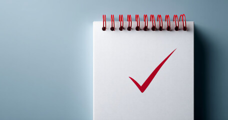 A spiral-bound notebook with a red check mark on the cover page, against a blue background