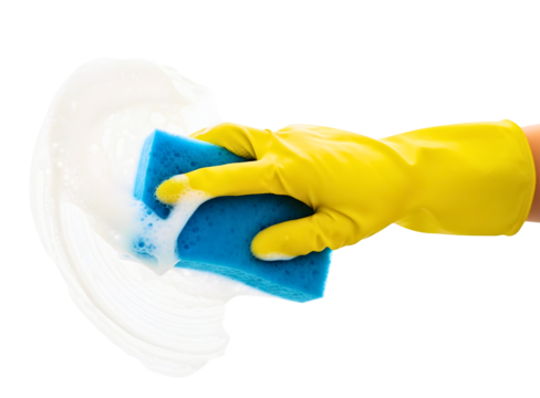 Yellow gloved hand cleaning a white surface with a blue sponge isolated on transparent background