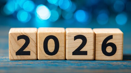 Wooden blocks spelling out the year 2026 against a blurry blue bokeh background, symbolizing future planning and anticipation