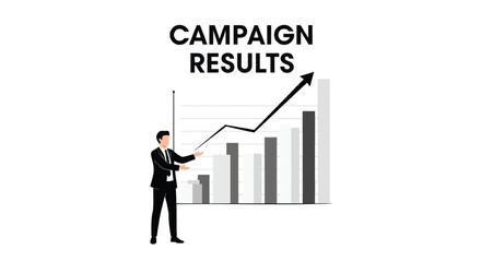 Fototapeta premium Businessman presenting positive campaign results with a rising bar graph and upward trending line chart