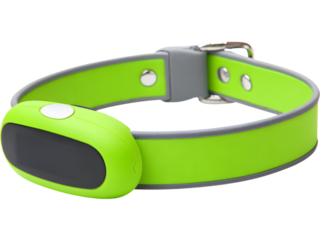 Small GPS tracker smartwatch with blue silicone band isolated on transparent background, symbolizing safety and technology.