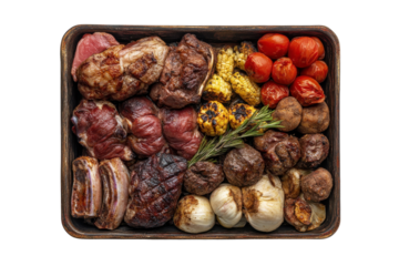 Delicious assortment of grilled meats and vegetables isolated on transparent background. South african braai isolated on white background.