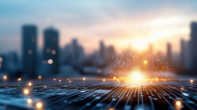 Digital data network over city skyline with glowing circuit board elements