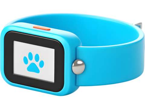 Small GPS tracker smartwatch with blue silicone band isolated on transparent background, symbolizing safety and technology.