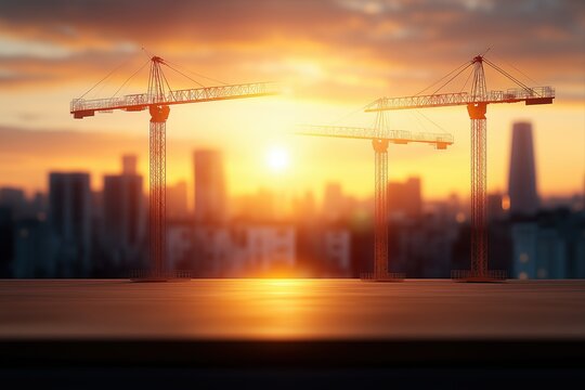 Construction cranes against a vibrant sunset cityscape, symbolizing urban development and future progress