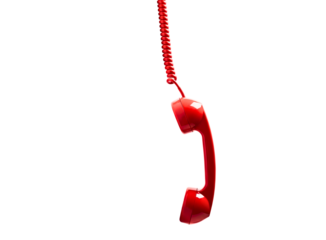 Red telephone handset hanging by its coiled cord isolated on transparent background