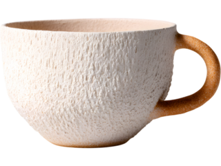 Minimal beige ceramic cup with handmade texture isolated on transparent background, representing cozy lifestyle and sustainable design.