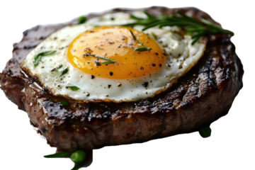 Juicy grilled steak topped with a fried egg isolated on transparent background. Steak hache pan fried egg on top isolated on white background.