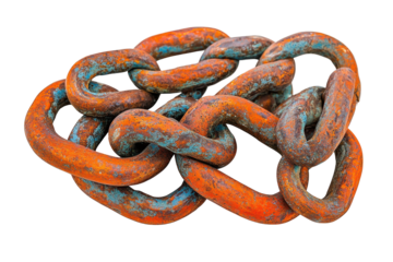 Tangled rusty metal chain links isolated on transparent background. Strong metal chain links isolated on white background.