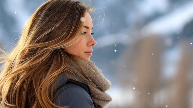 Woman with long, flowing hair in winter scene, as snowflakes dance around her, showcasing the beauty of nature, camera pans and captures movement