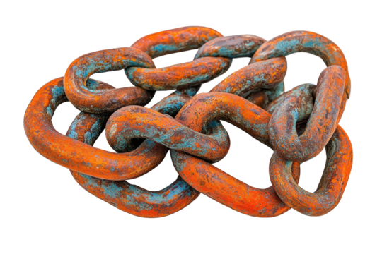 Tangled rusty metal chain links isolated on transparent background. Strong metal chain links isolated on white background.