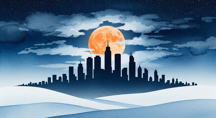 Watercolor painting of a city skyline with a full moon and snow hills