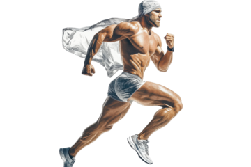 Muscular man running with a flowing white cape isolated on transparent background. Studioshot of a lean muscular man in running gear mid-stride pose isolated on white background.