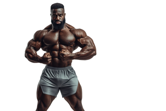 Muscular african american bodybuilder flexing muscles isolated on transparent background. Studioshot of a lean muscular man in running gear mid-stride pose isolated on white background.