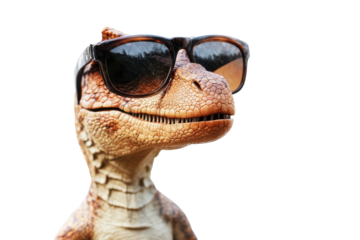 Cool dinosaur wearing sunglasses isolated on transparent background. Stylish dinosaur wearing sunglasses poses confidently isolated on white background.