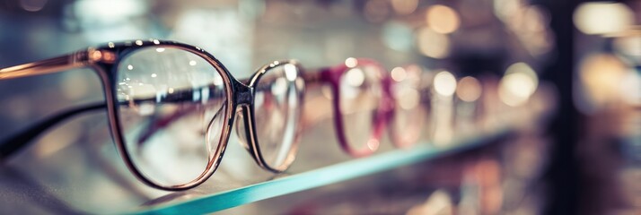 Designer Frames Displayed on an Optical Store Shelf With a Soft Focus Background
