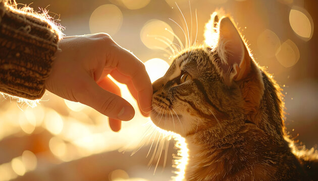 Gentle contact cat hand warm light golden bokeh close up tender bond cozy moment soft fur trust sunrise glow peaceful calm