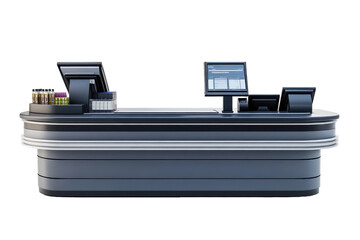 Modern retail checkout counter with cash register and display isolated on transparent background