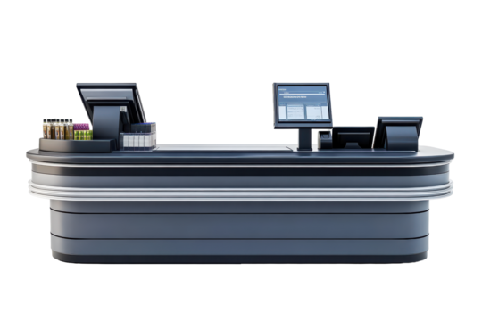 Modern retail checkout counter with cash register and display isolated on transparent background