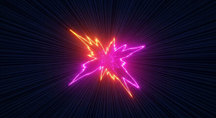 Abstract clash of two neon lightning bolts on a dark background