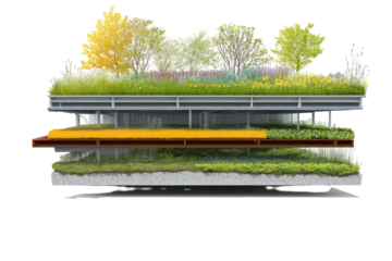 Vertical garden with lush greenery and trees isolated on transparent background. Vertical hydroponic farm with lush green plants and trees growing in layers isolated on white background.