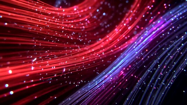 A vibrant digital illustration shows flowing, parallel lines with sparkling points of light