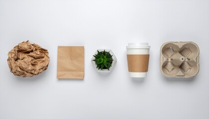 Overhead flat lay of assorted eco-friendly food packaging and a small potted plant on a plain white background.