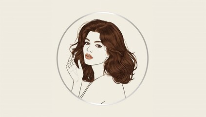 Elegant female portrait line art with brown wavy hair and natural makeup on light background in minimalist circular frame