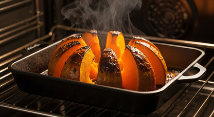 Roasted Pumpkin Wedges Baking in Oven Tray