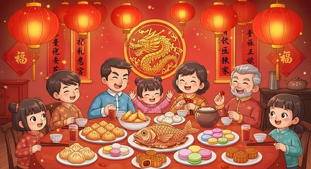 A warm and lively Chinese New Year family dinner setting, with a round table filled with festive dishes including dumplings, fish, rice cakes, and mooncakes