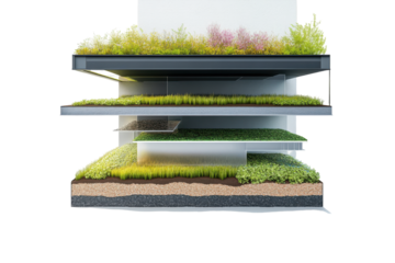 Vertical garden with lush greenery and trees isolated on transparent background. Vertical hydroponic farm with lush green plants and trees growing in layers isolated on white background.