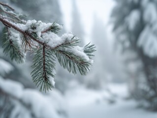 Pine Branch Covered Snow Winter Forest Scene Frosty Evergreen Needles Cold Weather Outdoor Nature White Powder Background Serene Chilly Day