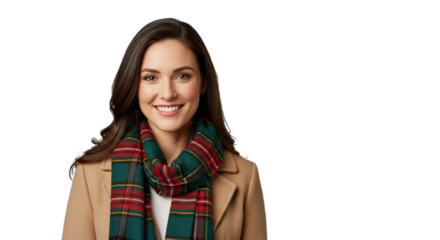 Smiling 30-34 Caucasian woman, a professional caroler, in a classic wool coat and festive tartan scarf, isolated on transparent background. Ideal for holiday marketing, Christmas greeting cards,
