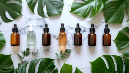 Top-down view of seven amber glass dropper bottles with green leaves on a white marble surface with a natural and earthy mood.