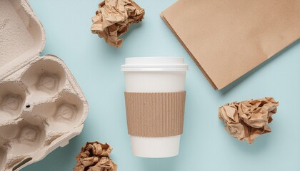 Flat lay of a disposable coffee cup with a brown sleeve and lid surrounded by crumpled paper, an egg carton, and a brown envelope on a light blue background.