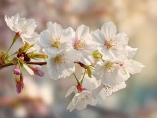 White Cherry Blossom Flowers Cluster Budded Branch Springtime Outdoor Nature Photography Soft Pink Hues Yellow Stamen Clear Sky Background Delicate Petals