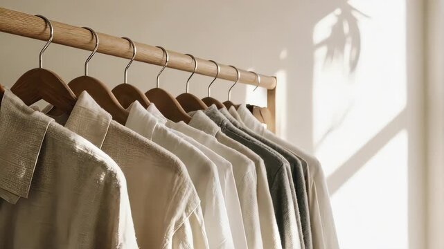 Shirts on wooden hangers, illuminated by soft sunlight. A shadow casts on the wall