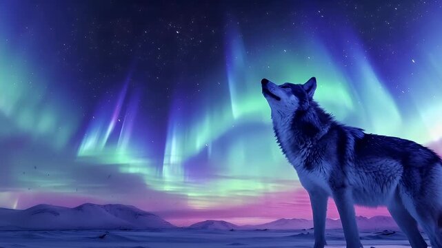 A vivid portrayal of a wolf standing on a snowy landscape under a radiant aurora borealis. The wolf is captured in a side profile, looking upwards, with its head tilted slightly upwards.