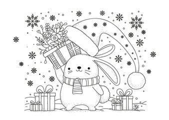 A cute bunny pulls gifts out from under his hat. This coloring page is for kids and adults. Black and white illustration for coloring.