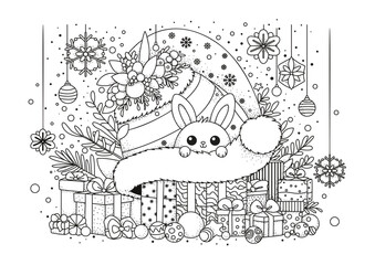 A cute Christmas bunny sits under a Santa hat with gift boxes. This coloring page is for kids and adults. Black and white illustration for coloring.