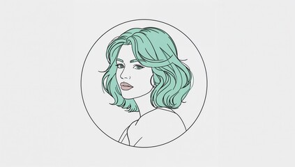 Minimalist line art portrait of woman with aqua hair in circle, elegant modern female face drawing, stylish pastel illustration trend