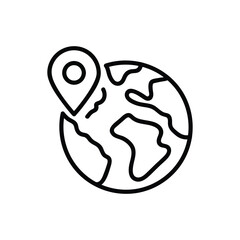 A black line drawing shows a globe with landmass shapes A map pin rests atop the globe