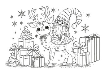 A cute gnome sits astride a Christmas reindeer. Gift boxes lie nearby. This coloring page is for children and adults. Black and white illustration for coloring.