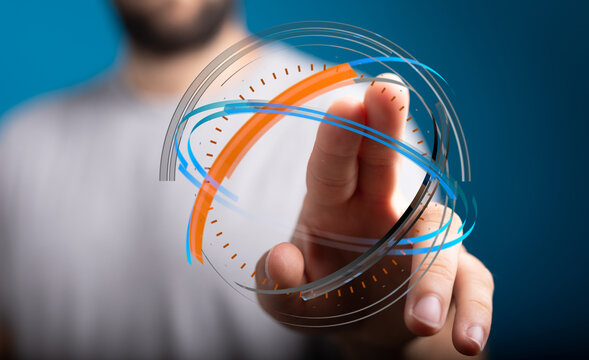 Close-up of a hand interacting with a futuristic digital interface representing global communication, connections and innovation. Tec
