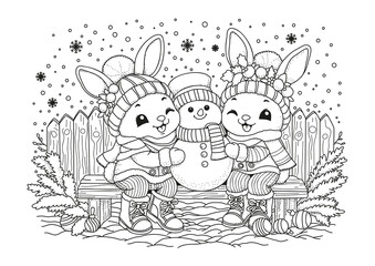 Two cute bunnies sit on a bench and hug a snowman. A Christmas coloring page for kids and adults. Black and white illustration for coloring.