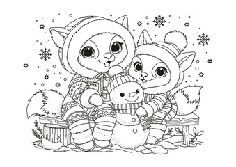 Two little foxes in warm overalls sit on a bench and hug a snowman. This coloring page is for children and adults. Black and white illustration for coloring.