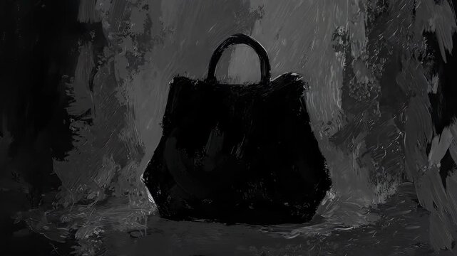 A grayscale painting of a handbag with rough, painterly brushstrokes