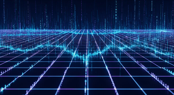 Abstract digital binary code futuristic technology background with grid lines - Powered by Adobe
